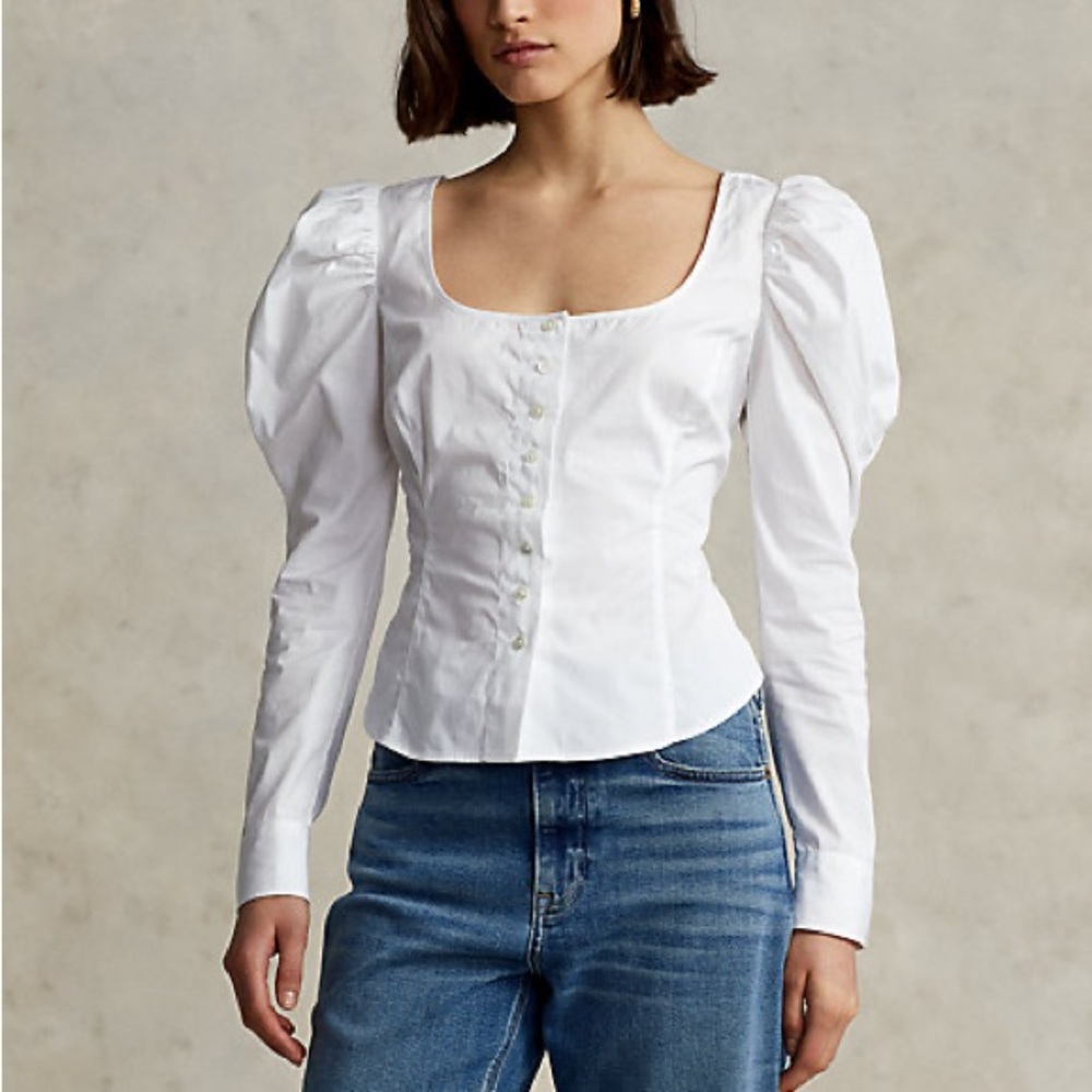 NWT / Ralph Lauren / Corset Cotton Mutton-Sleeve Blouse in White / Size 10